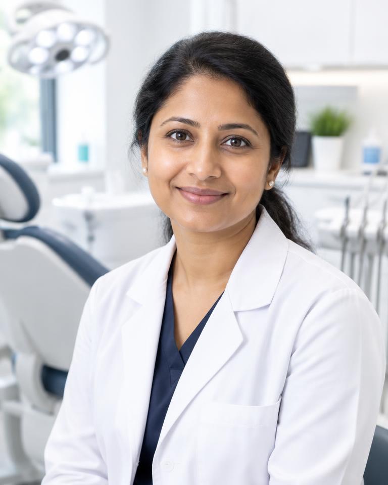 Portrait of Dr. Priya Shah in a white coat in a dental office